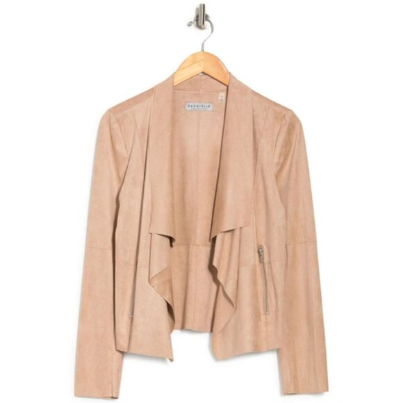 NWOT Bagatelle Faux-Suede Drape Front Jacket (L) in Oat / Tan Moto Zip Pockets - Picture 2 of 12